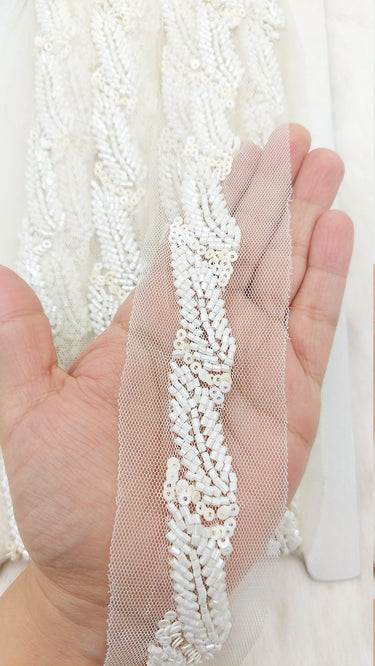 White Net Bridal Trim In White Beaded Leaf Embroidery, Hand Embroidered Bead Lace, Floral Embroidered Trim